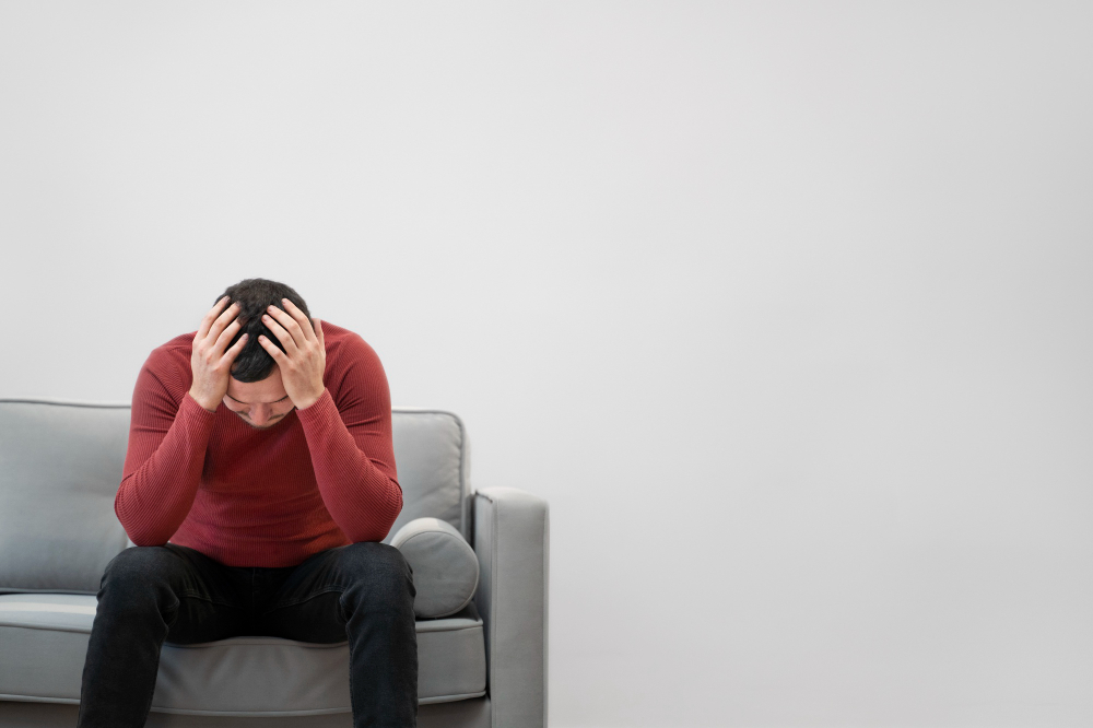 hombre sentado en un sofá intentando saber como calmar la ansiedad